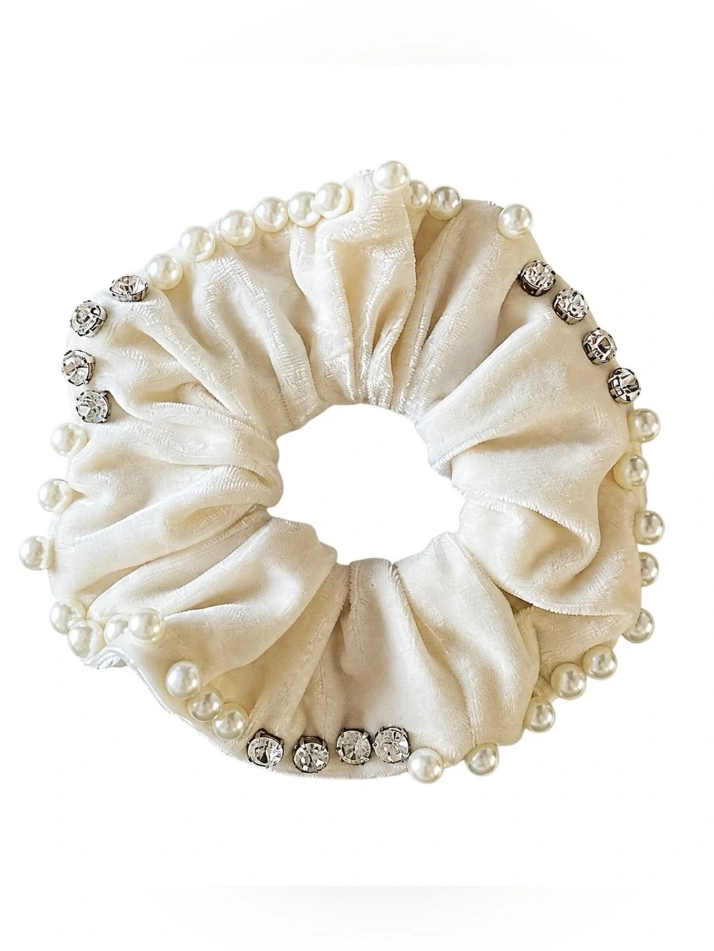 New Cream Ecru Velvet Allover White Pearl Rhinestone Comfy Scrunchie Hair Tie